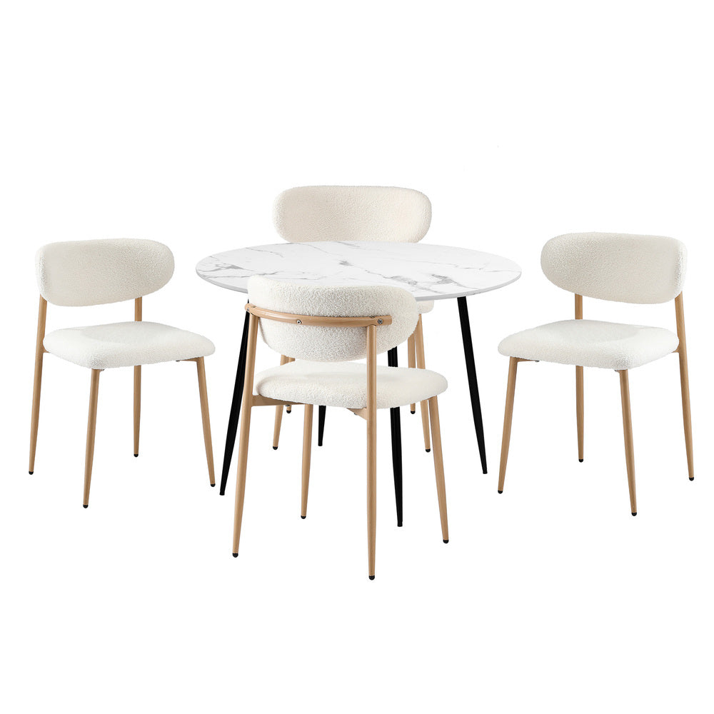 Oikiture 110cm Round Dining Table with 4x Dining Chairs Boucle White