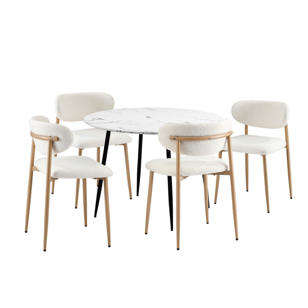 Oikiture 110cm Round Dining Table with 4x Dining Chairs Boucle White