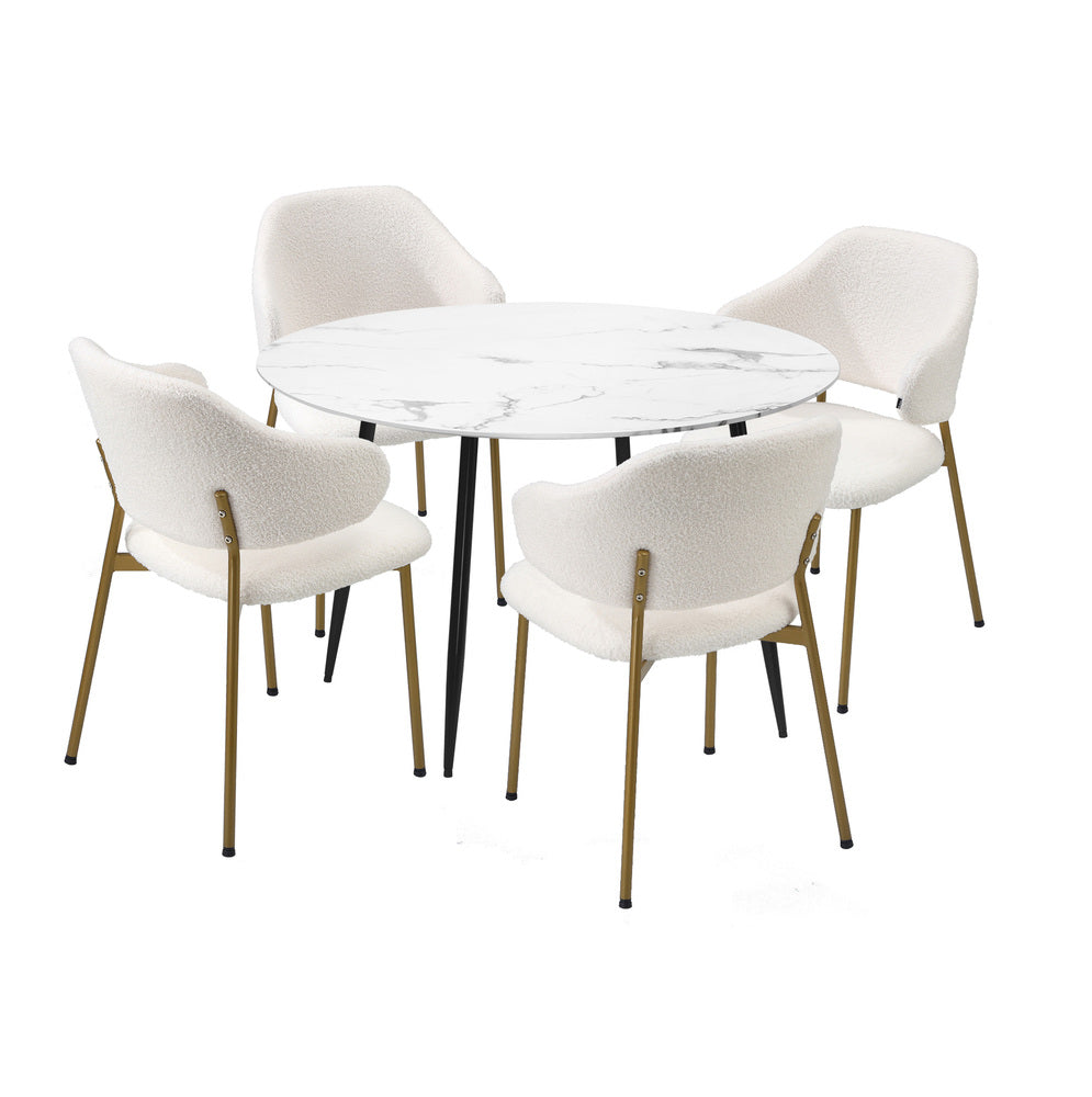 Oikiture 110cm Round Dining Table with 4PCS Chairs Sherpa Gold