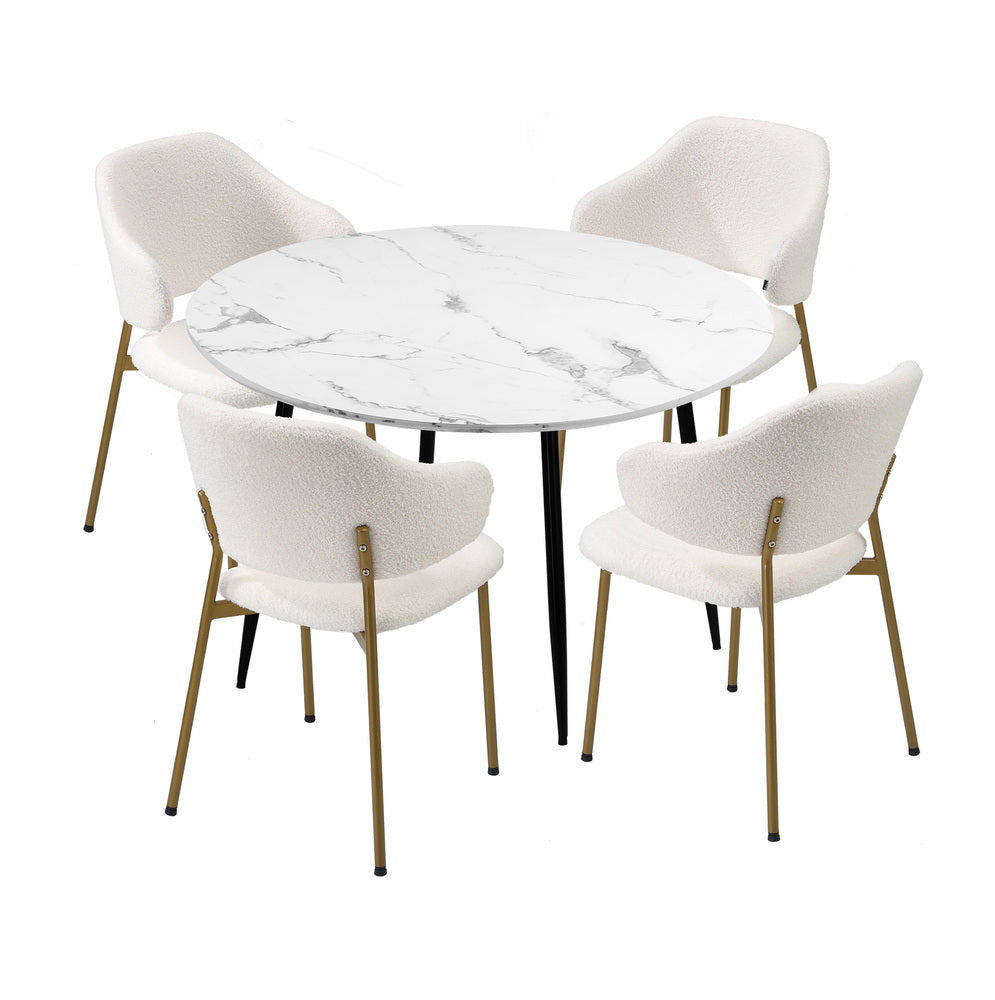 110cm Round Dining Table with 4PCS Chairs Sherpa Gold