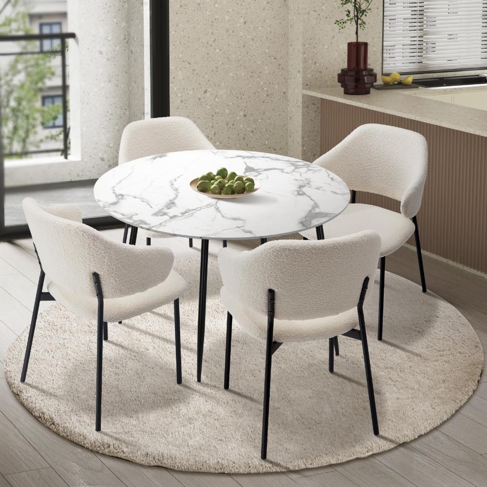 Round Dining Table with 4PCS Chairs Sherpa White