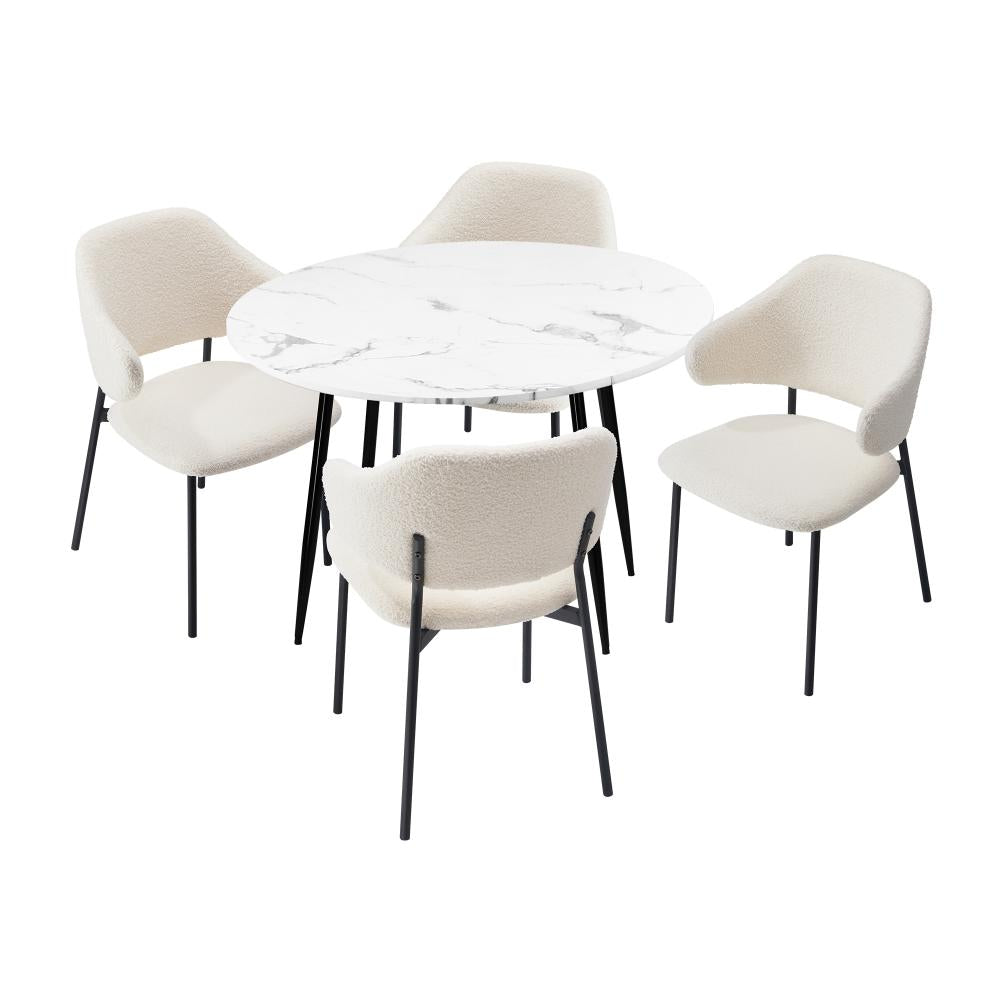 Round Dining Table with 4PCS Chairs Sherpa White