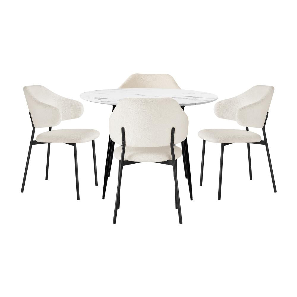 Round Dining Table with 4PCS Chairs Sherpa White