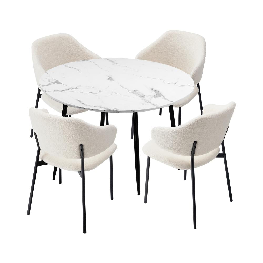 Round Dining Table with 4PCS Chairs Sherpa White