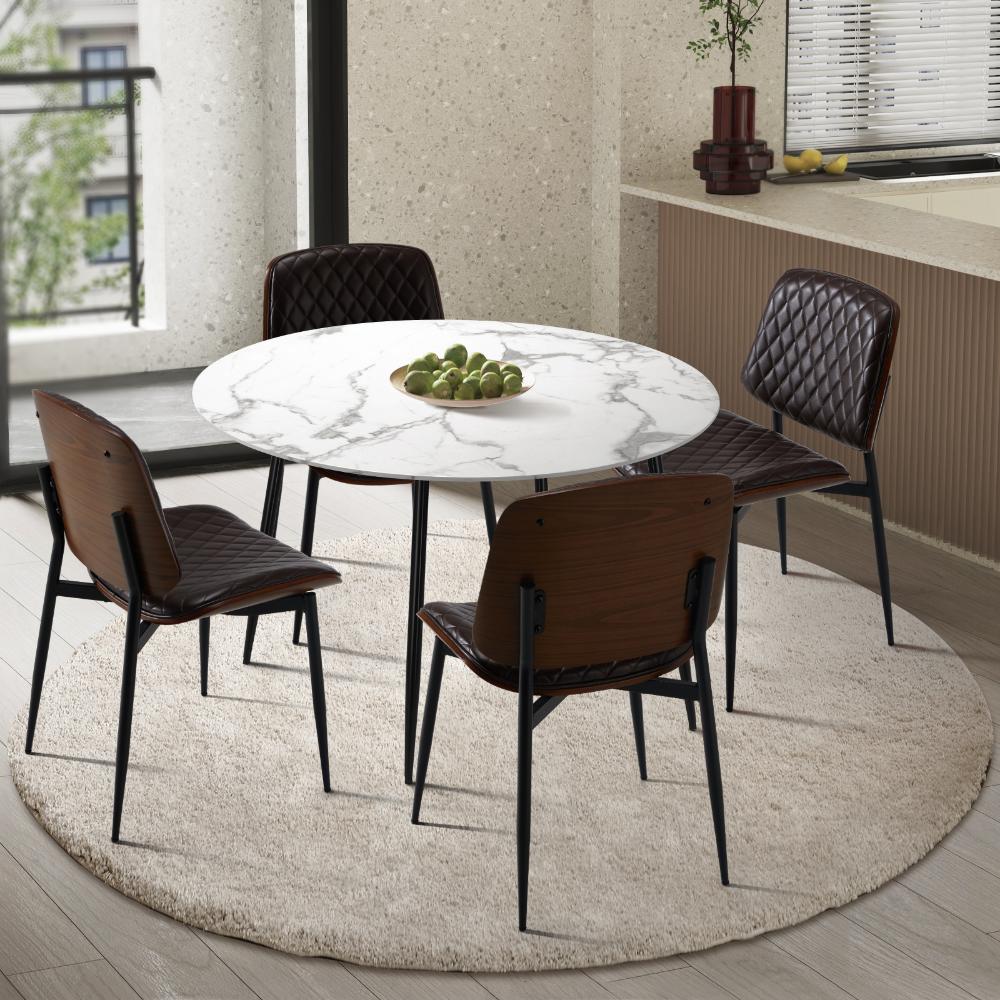 Round Dining Table & 4PCS Dining Chairs PU Walnut