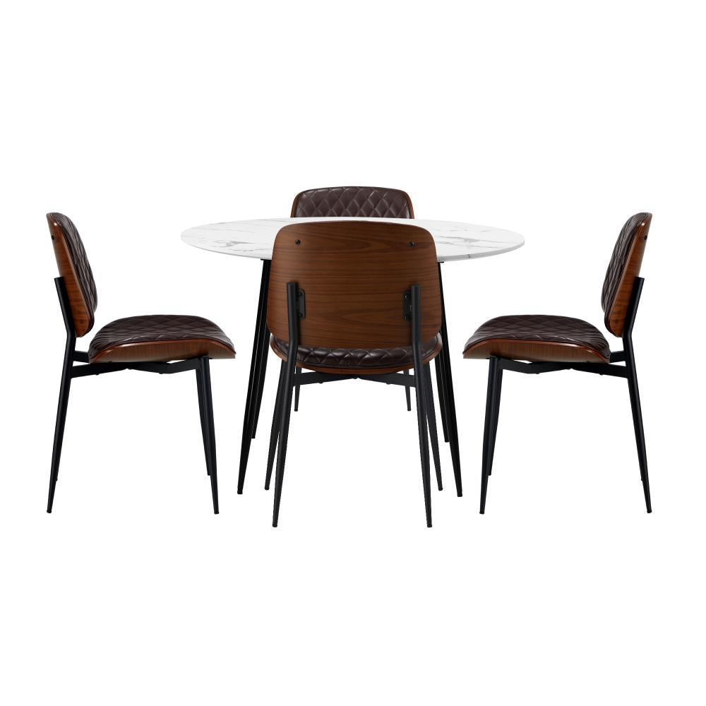 Round Dining Table & 4PCS Dining Chairs PU Walnut