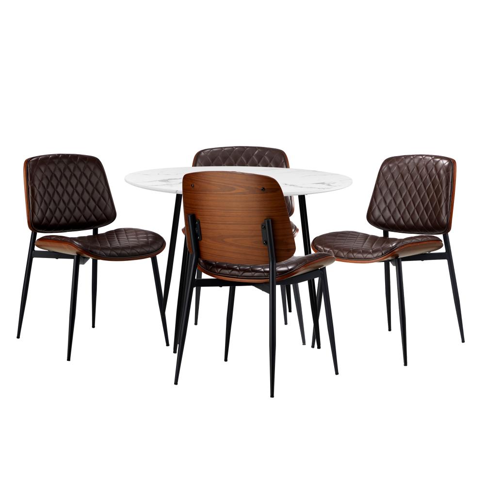 Round Dining Table & 4PCS Dining Chairs PU Walnut