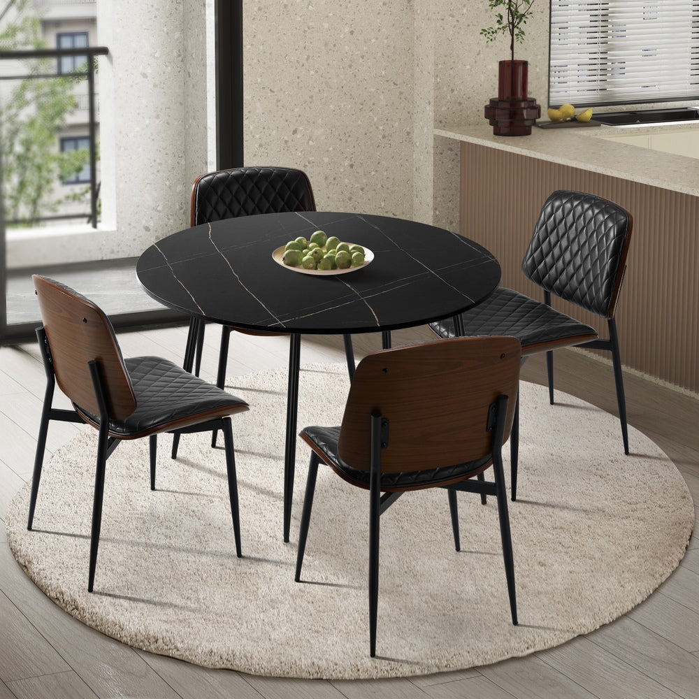 Oikiture 110cm Round Dining Table with 4PCS Dining Chairs Leather Black