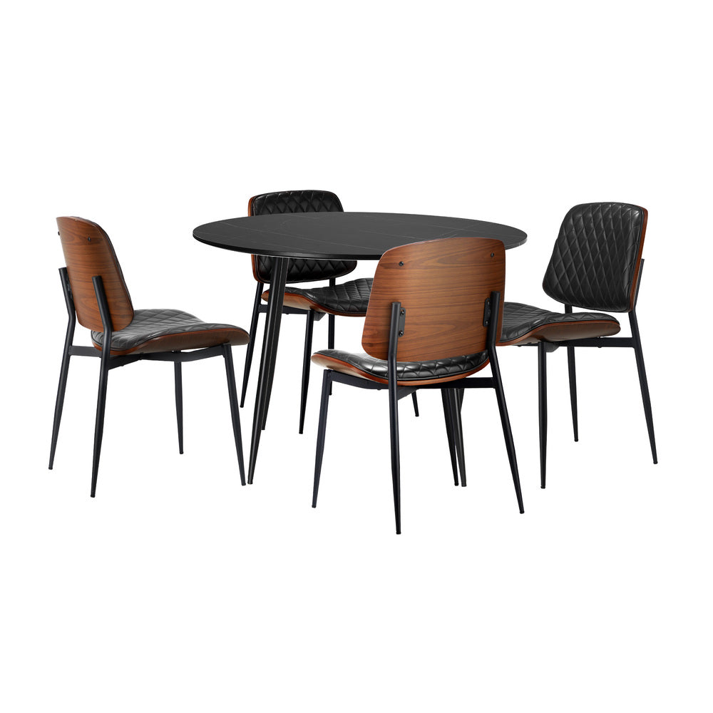 Oikiture 110cm Round Dining Table with 4PCS Dining Chairs Leather Black