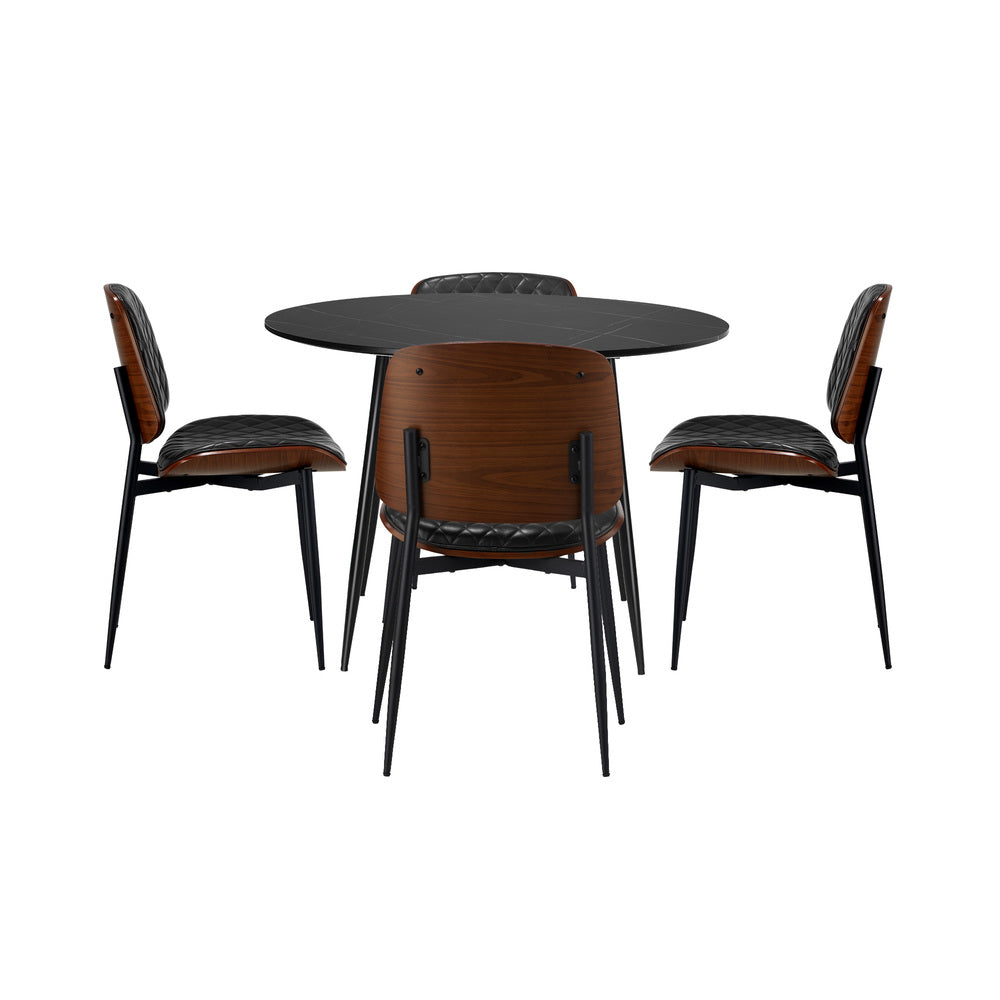 Oikiture 110cm Round Dining Table with 4PCS Dining Chairs Leather Black