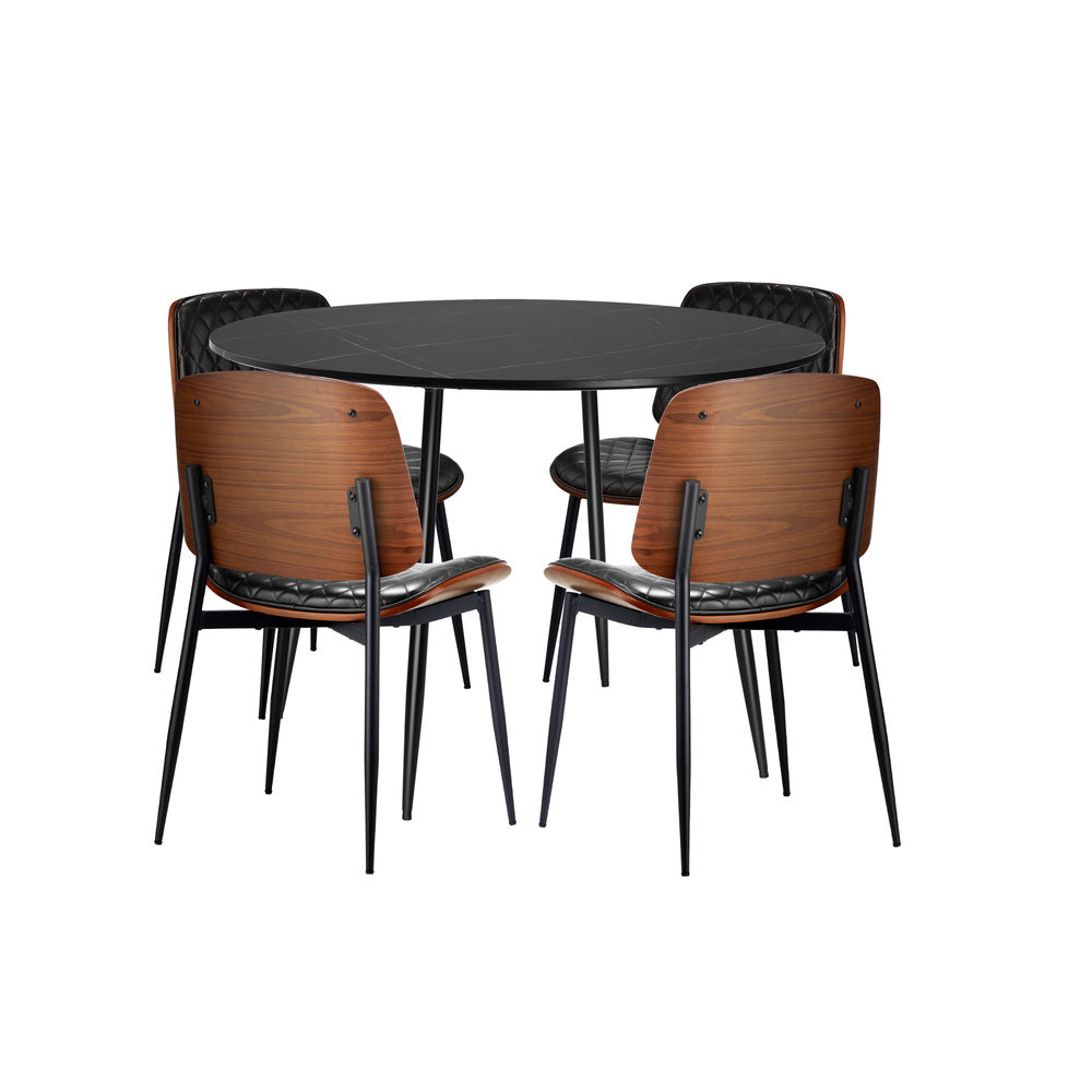 Oikiture 110cm Round Dining Table with 4PCS Dining Chairs Leather Black