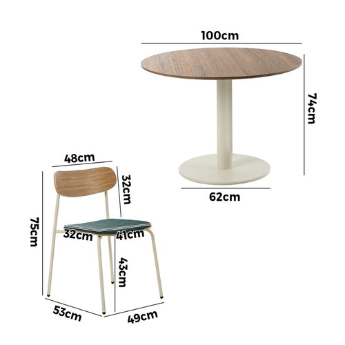 Round Dining Set – 100cm Wood‑Grain Table with 4 Green Upholstered Chairs