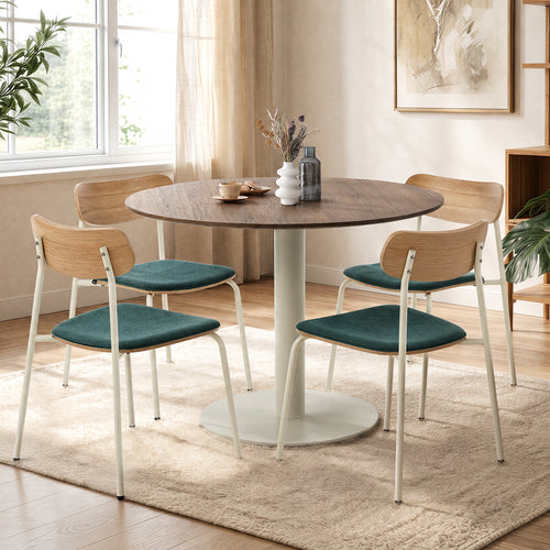 Round Dining Set – 100cm Wood‑Grain Table with 4 Green Upholstered Chairs