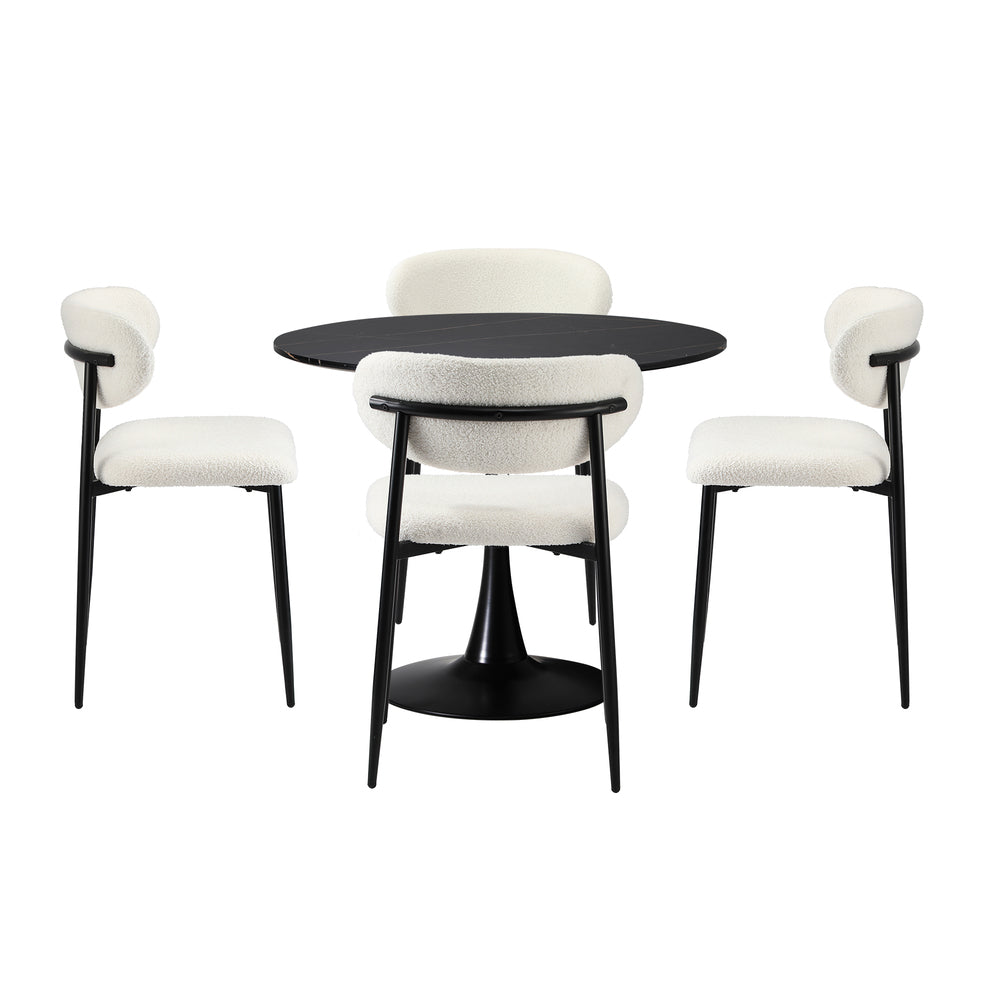Oikiture 90cm Round Dining Table with 4x Dining Chairs Boucle Black&White