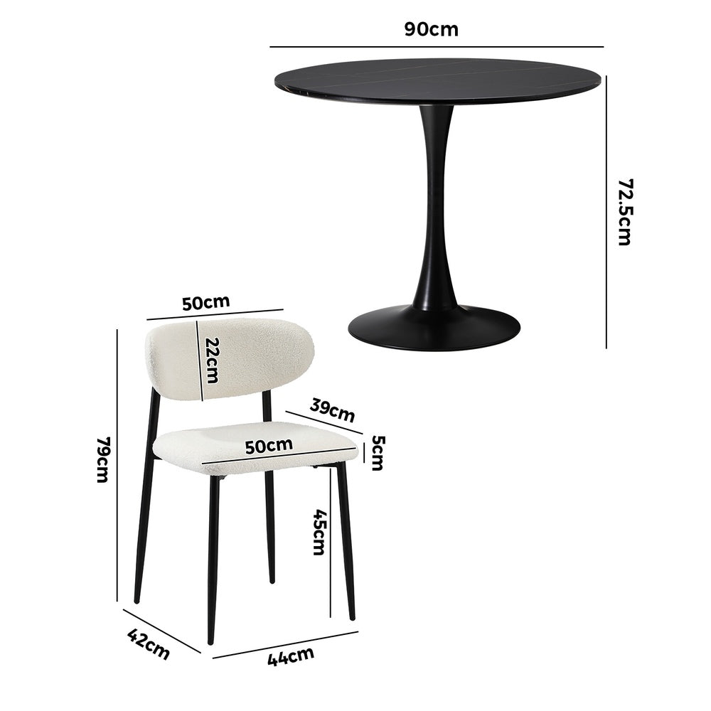 Oikiture 90cm Round Dining Table with 4x Dining Chairs Boucle Black&White