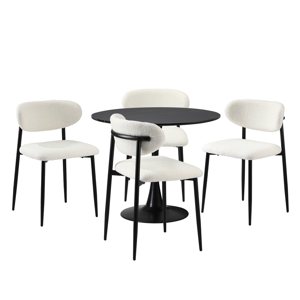 Oikiture 90cm Round Dining Table with 4x Dining Chairs Boucle Black&White