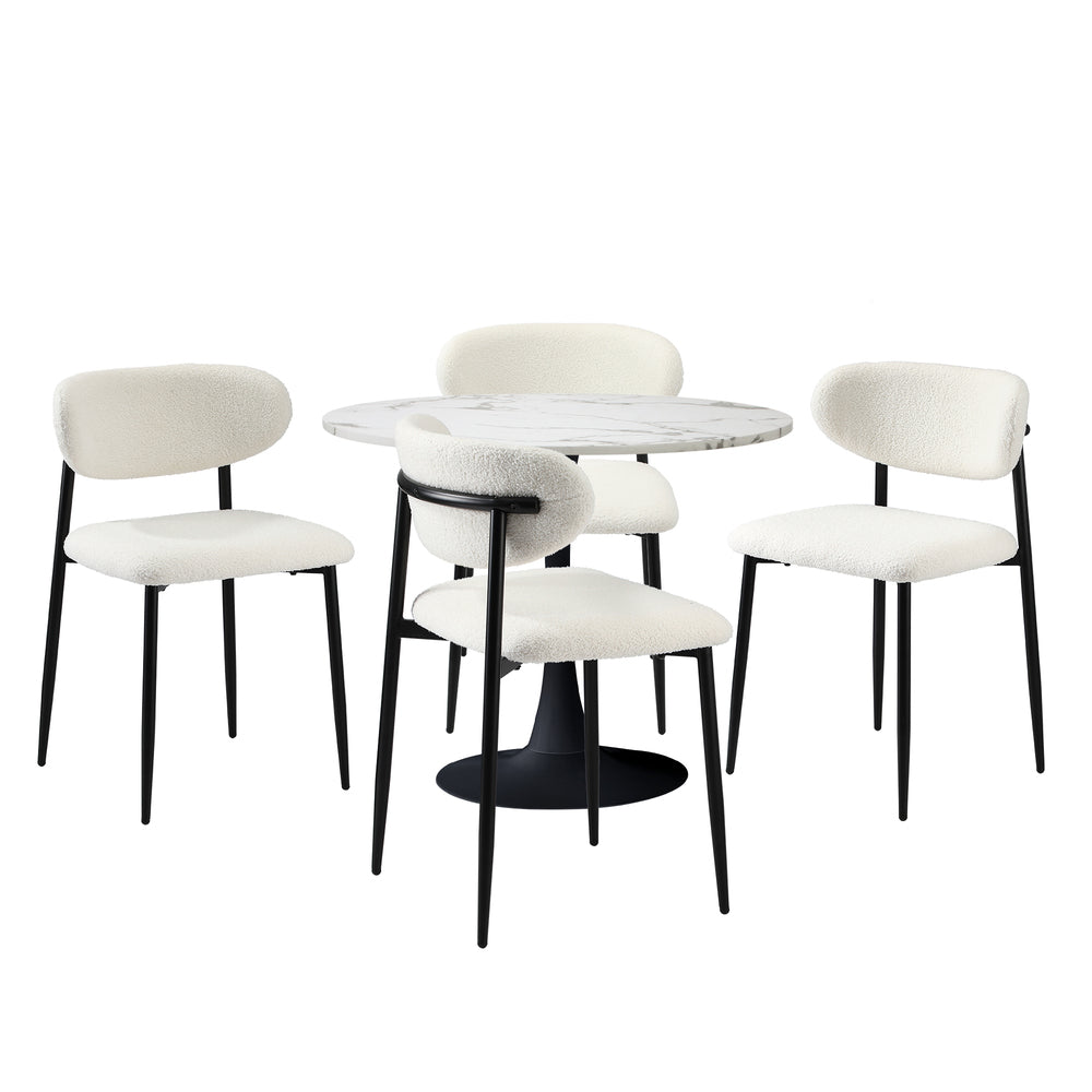 Oikiture 90cm Round Dining Table with 4x Dining Chairs Boucle White