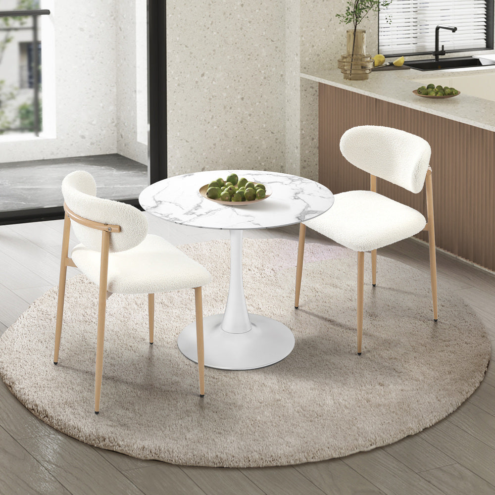 Oikiture 60cm Round Dining Table with 2x Dining Chairs Boucle White