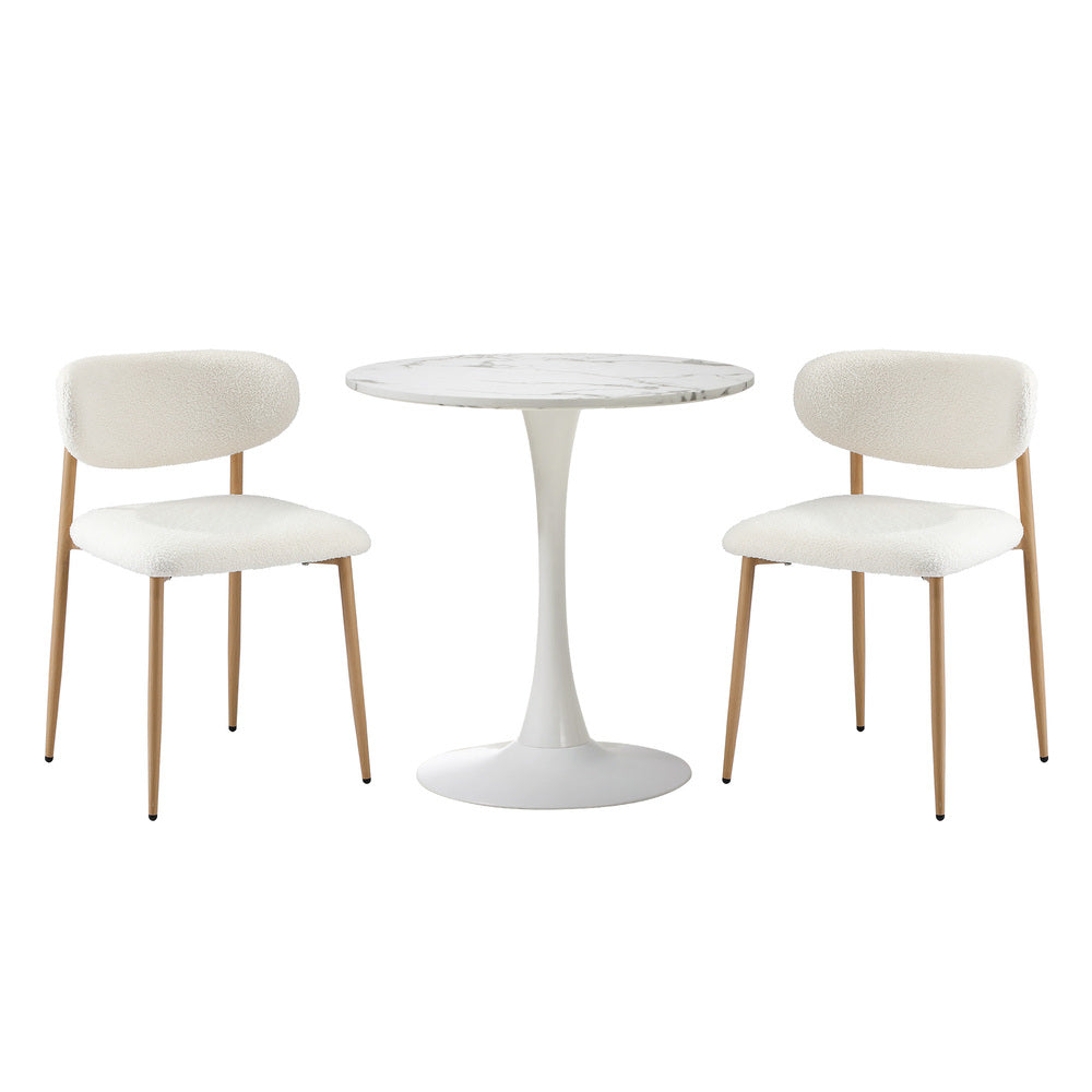 Oikiture 60cm Round Dining Table with 2x Dining Chairs Boucle White