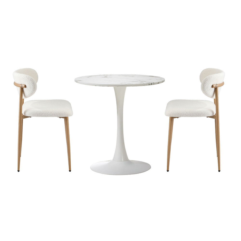 Oikiture 60cm Round Dining Table with 2x Dining Chairs Boucle White