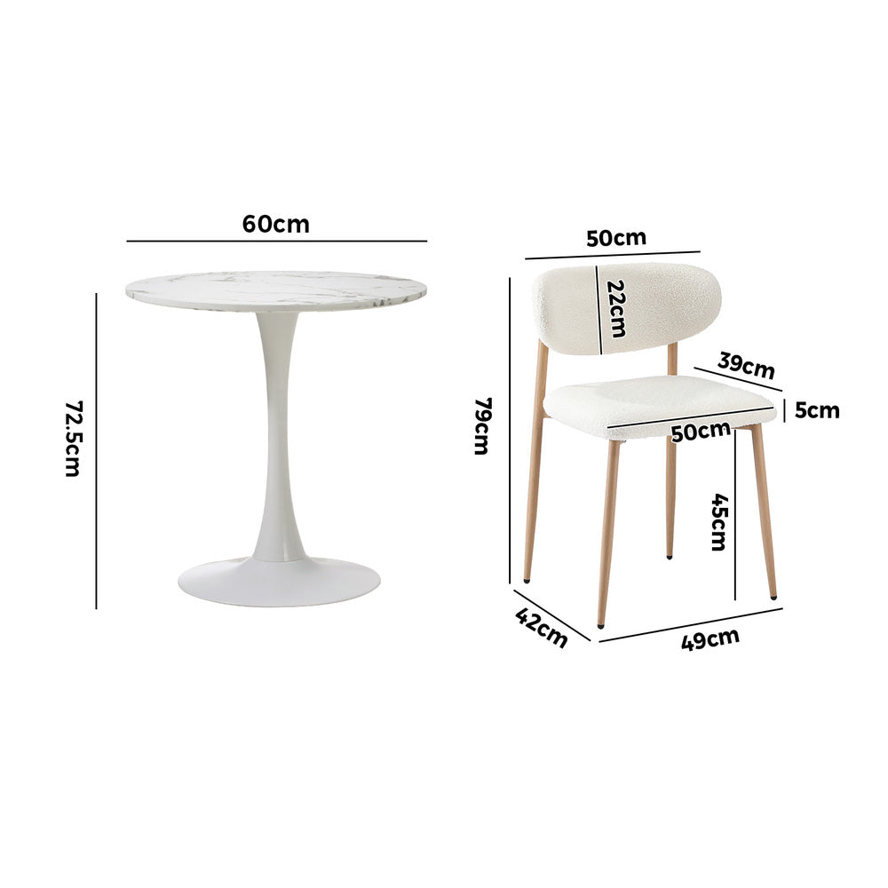 Oikiture 60cm Round Dining Table with 2x Dining Chairs Boucle White