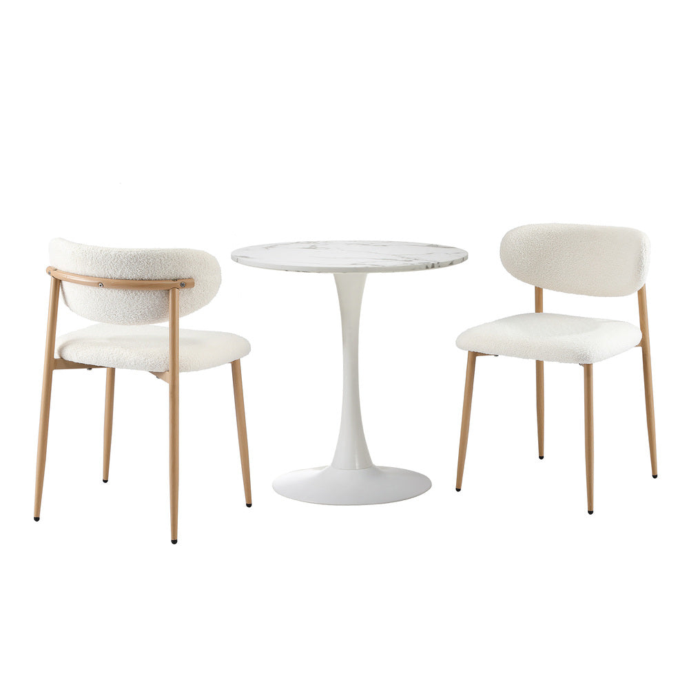 Oikiture 60cm Round Dining Table with 2x Dining Chairs Boucle White