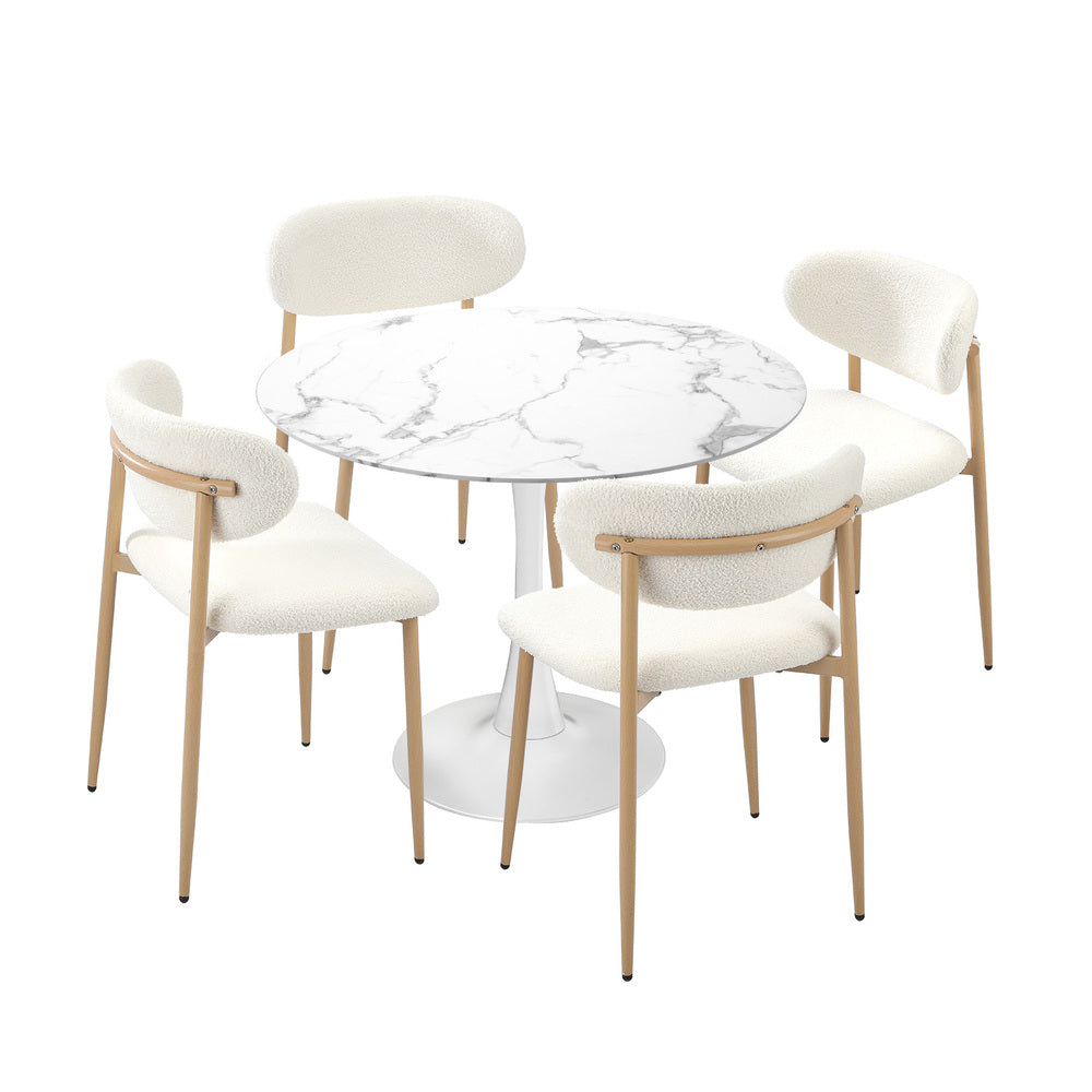 Oikiture 90cm Round Dining Table with 4x Dining Chairs Boucle White&Gold