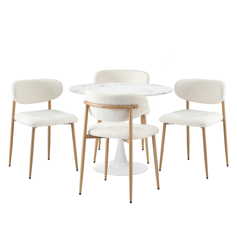 Oikiture 90cm Round Dining Table with 4x Dining Chairs Boucle White&Gold