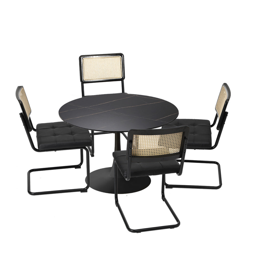 90cm Round Dining Table with 5PCS Dining Chairs PU Leather Black