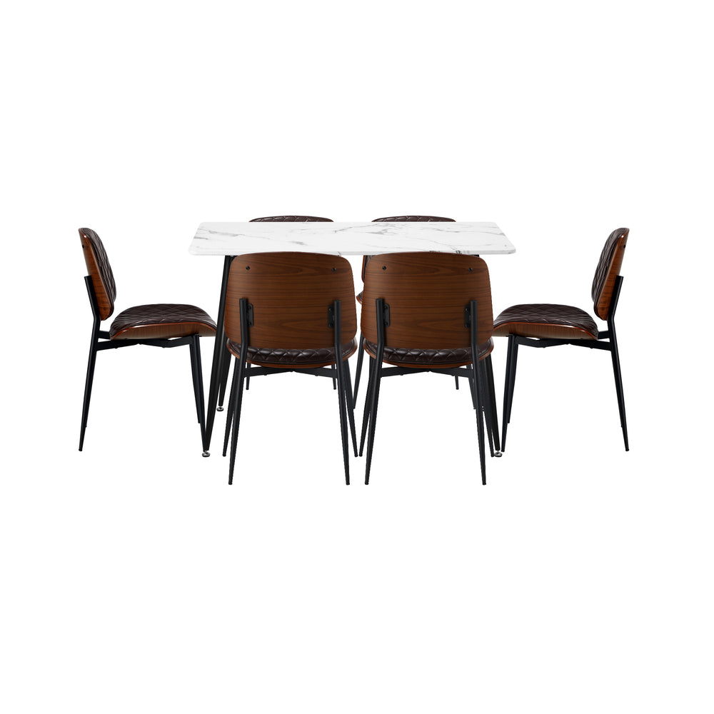 Oikiture 120cm Rectangle Dining Table with 6PCS Chairs PU Walnut