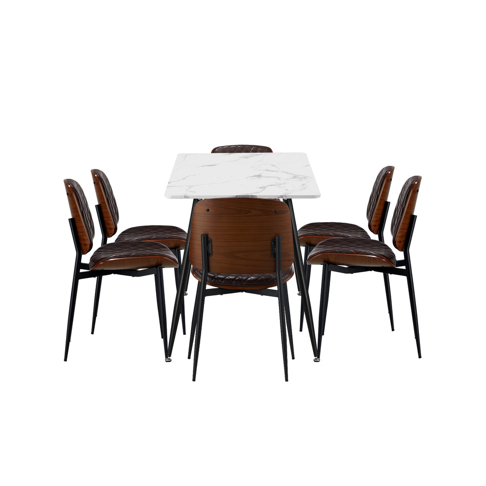 Oikiture 120cm Rectangle Dining Table with 6PCS Chairs PU Walnut