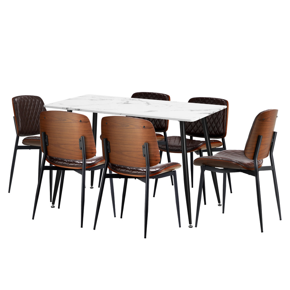 Oikiture 120cm Rectangle Dining Table with 6PCS Chairs PU Walnut