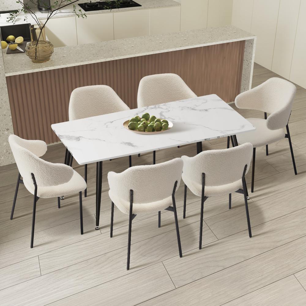 120cm Rectangle Dining Table with 6PCS Chairs Sherpa White