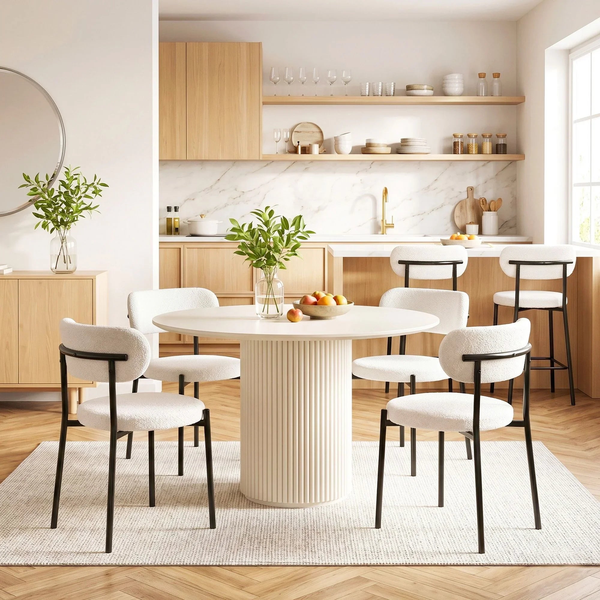 Dining Chairs Set of 6 Sherpa Boucle White