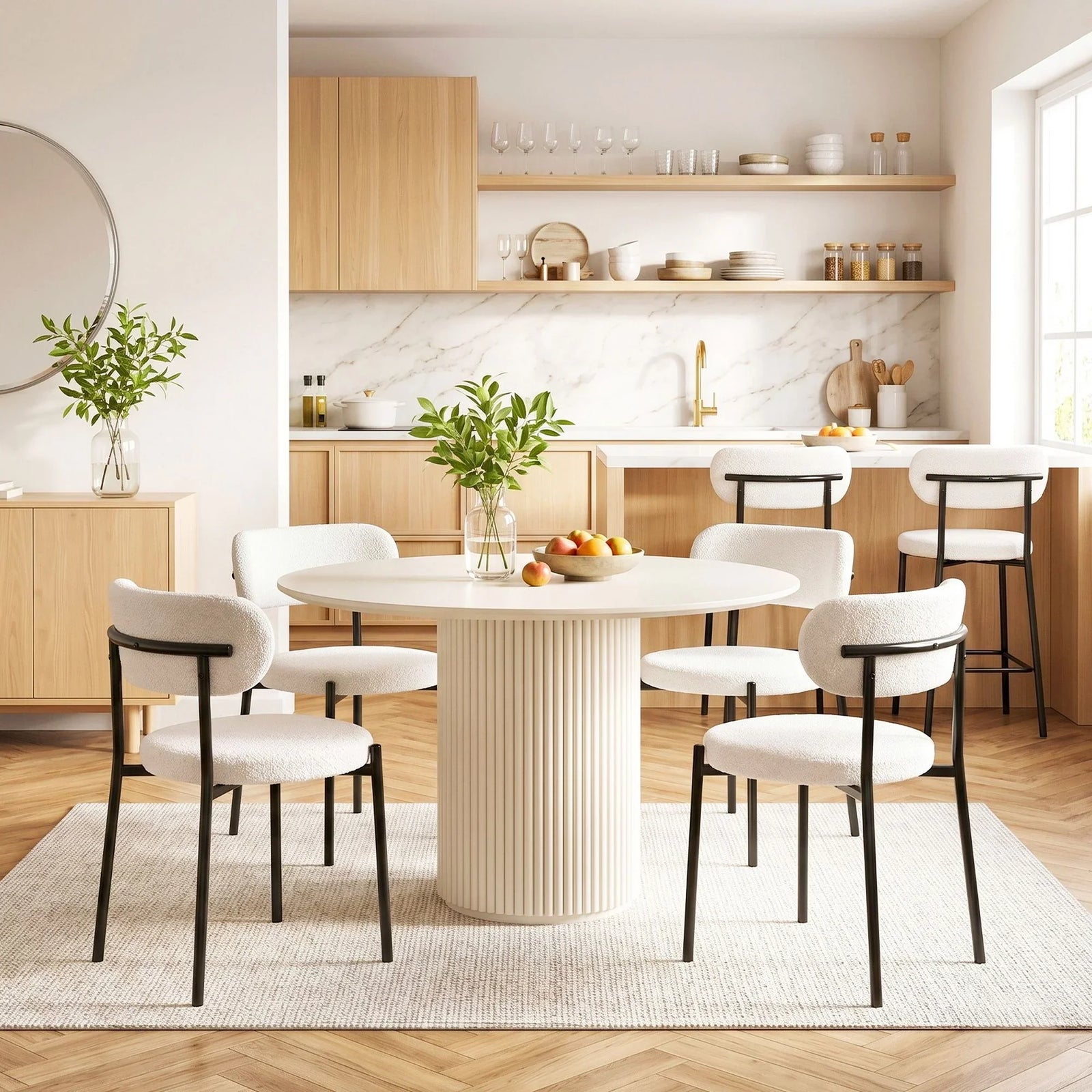 Dining Chairs Set of 6 Sherpa Boucle White