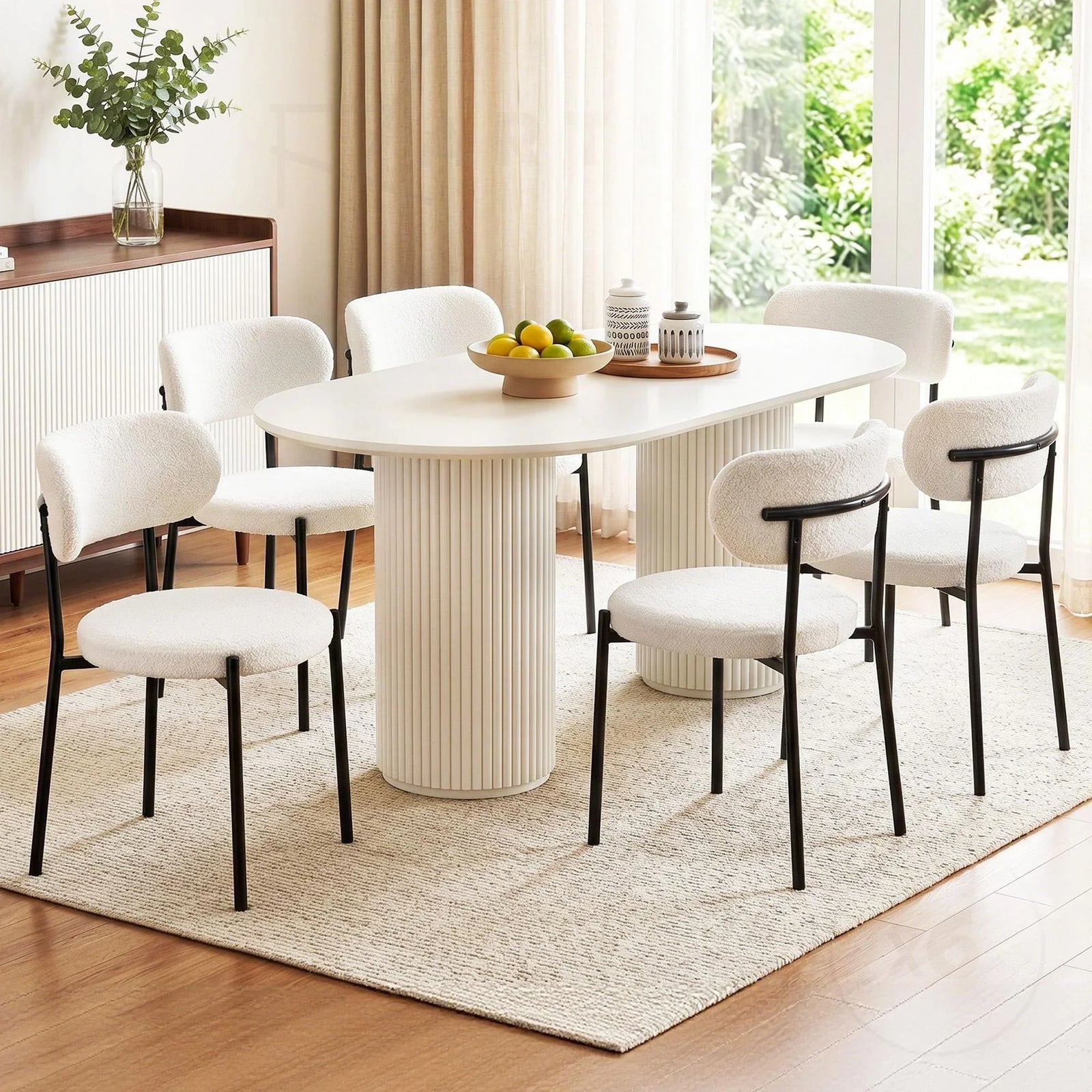 Dining Chairs Set of 6 Sherpa Boucle White