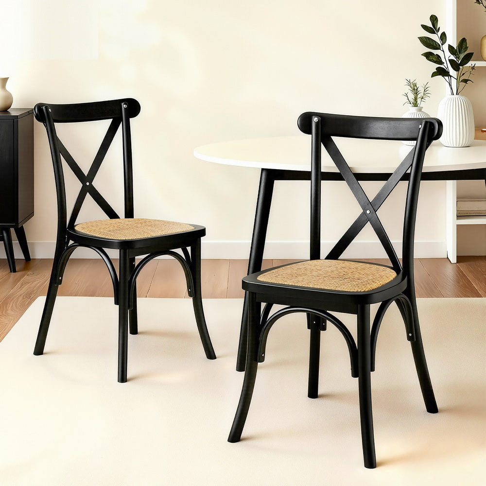2x Dining Chairs Rattan Wooden Kitchen Accent Chair Cafe Lounge Rubber Wood
