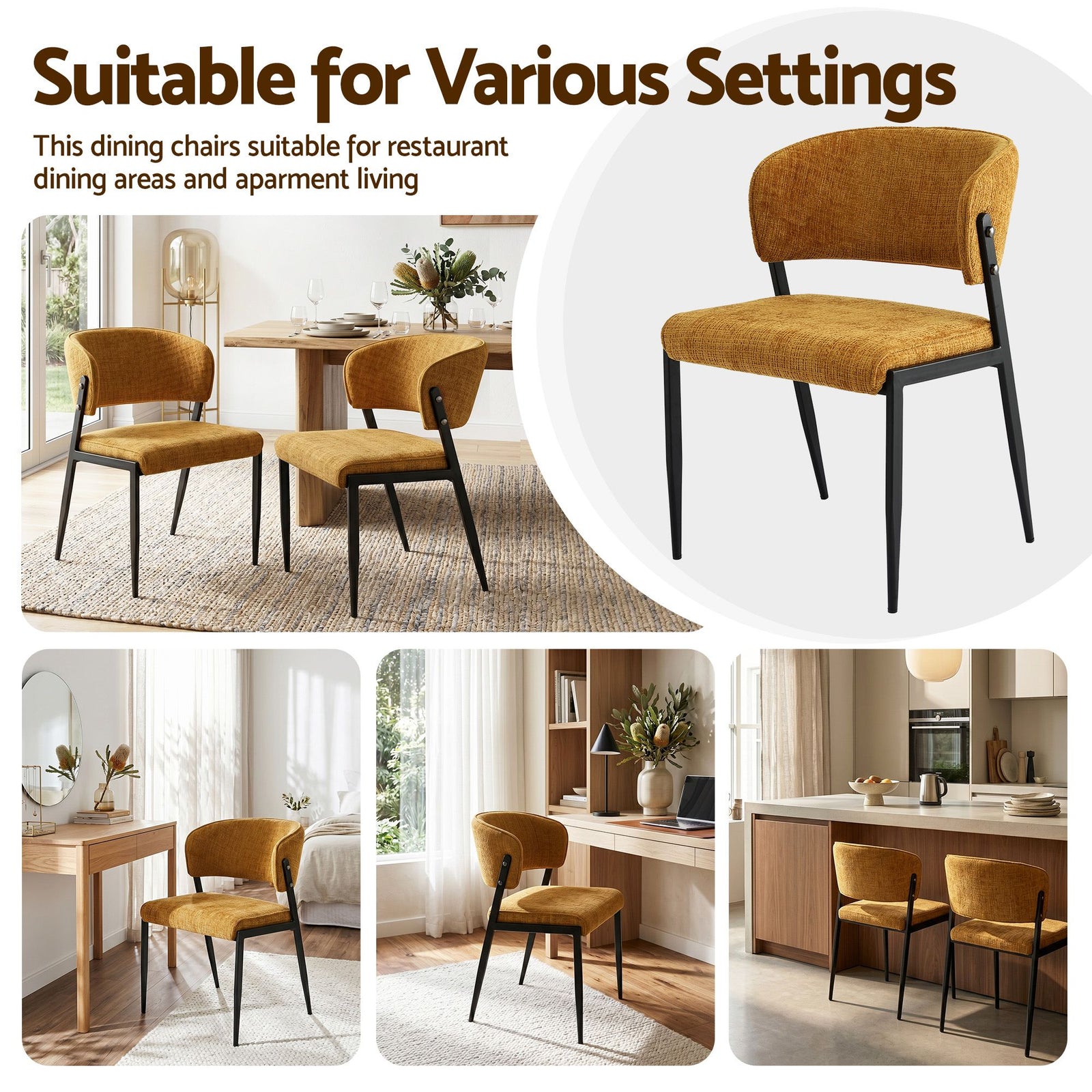 Artiss Dining Chairs Set of 6 Linen Fabric Soft Upholstered Chairs Mustard