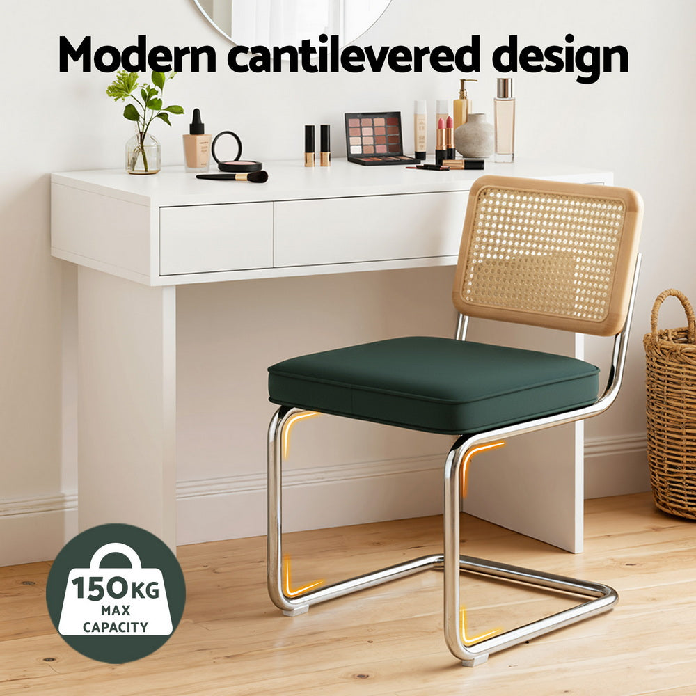 Dining Chairs Set of 2 Velvet Rattan Cantilever Green