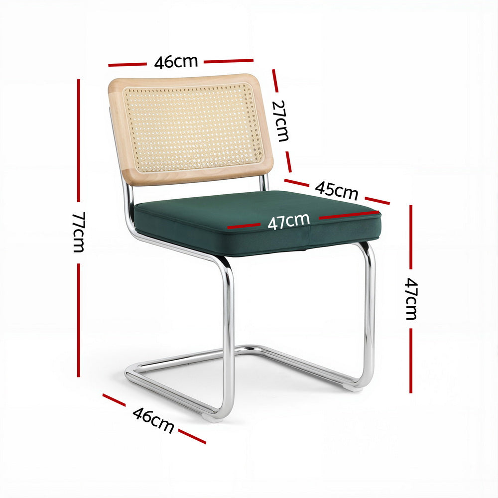 Dining Chairs Set of 4 Velvet Rattan Cantilever Green