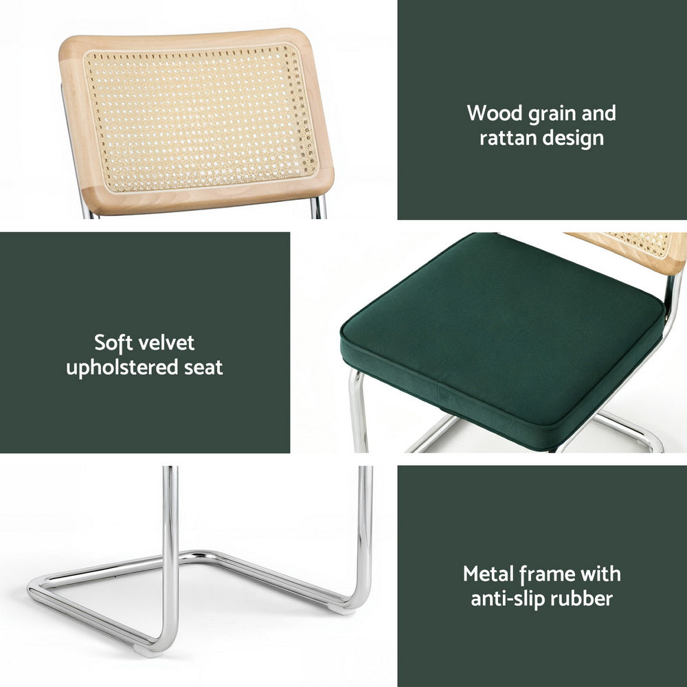 Dining Chairs Set of 4 Velvet Rattan Cantilever Green