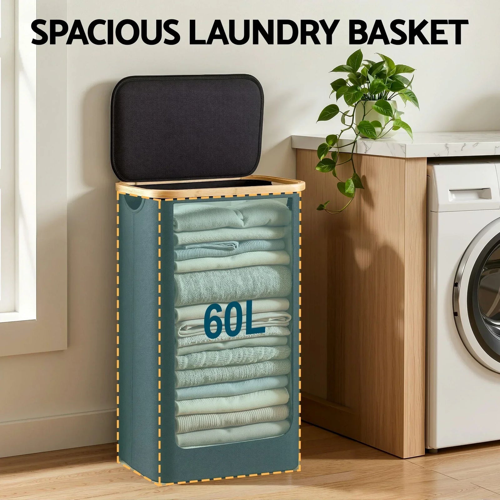 60L Laundry Basket – Bamboo Rim, Removable Mesh Bag, Foldable, Black