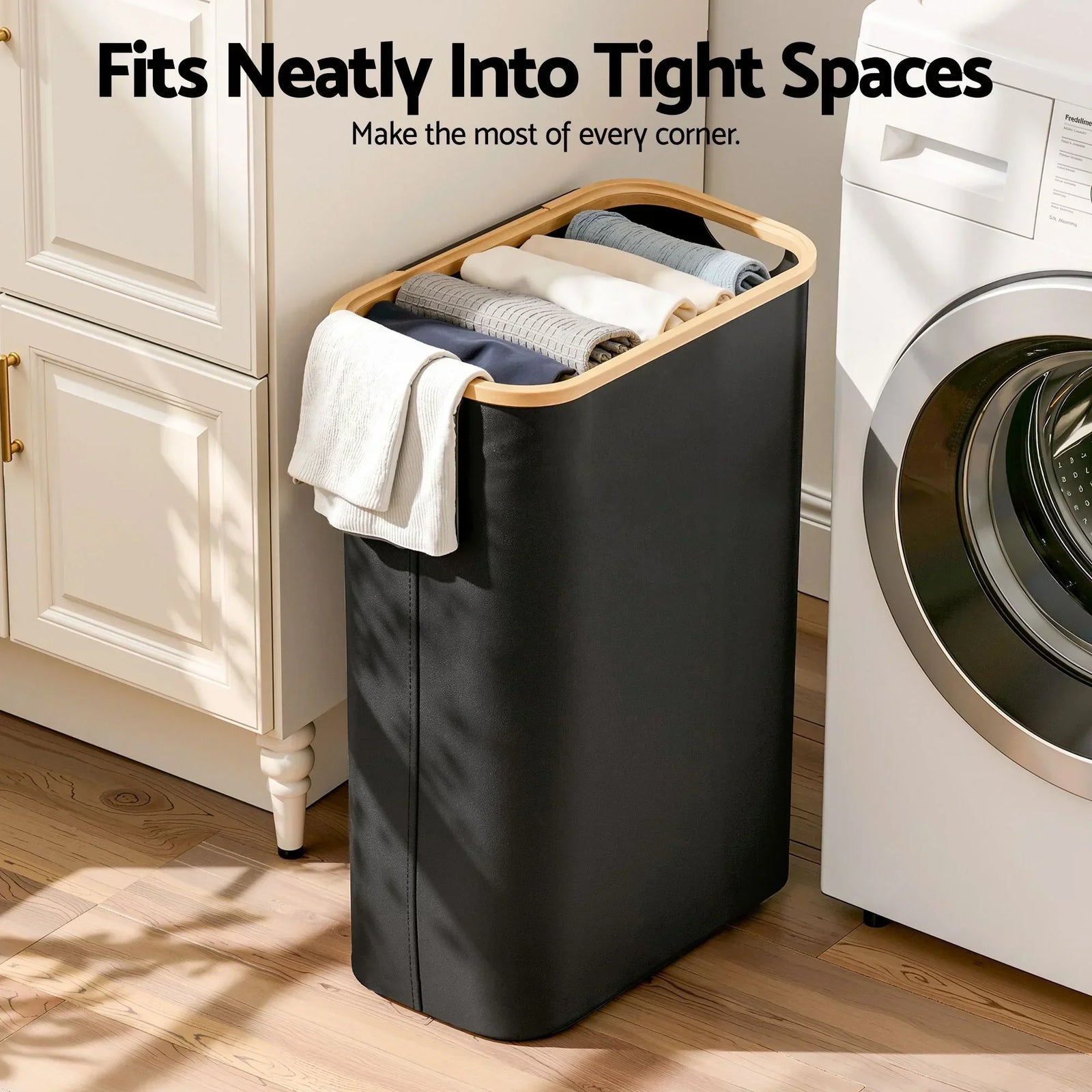60L Laundry Basket – Bamboo Rim, Removable Mesh Bag, Foldable, Black