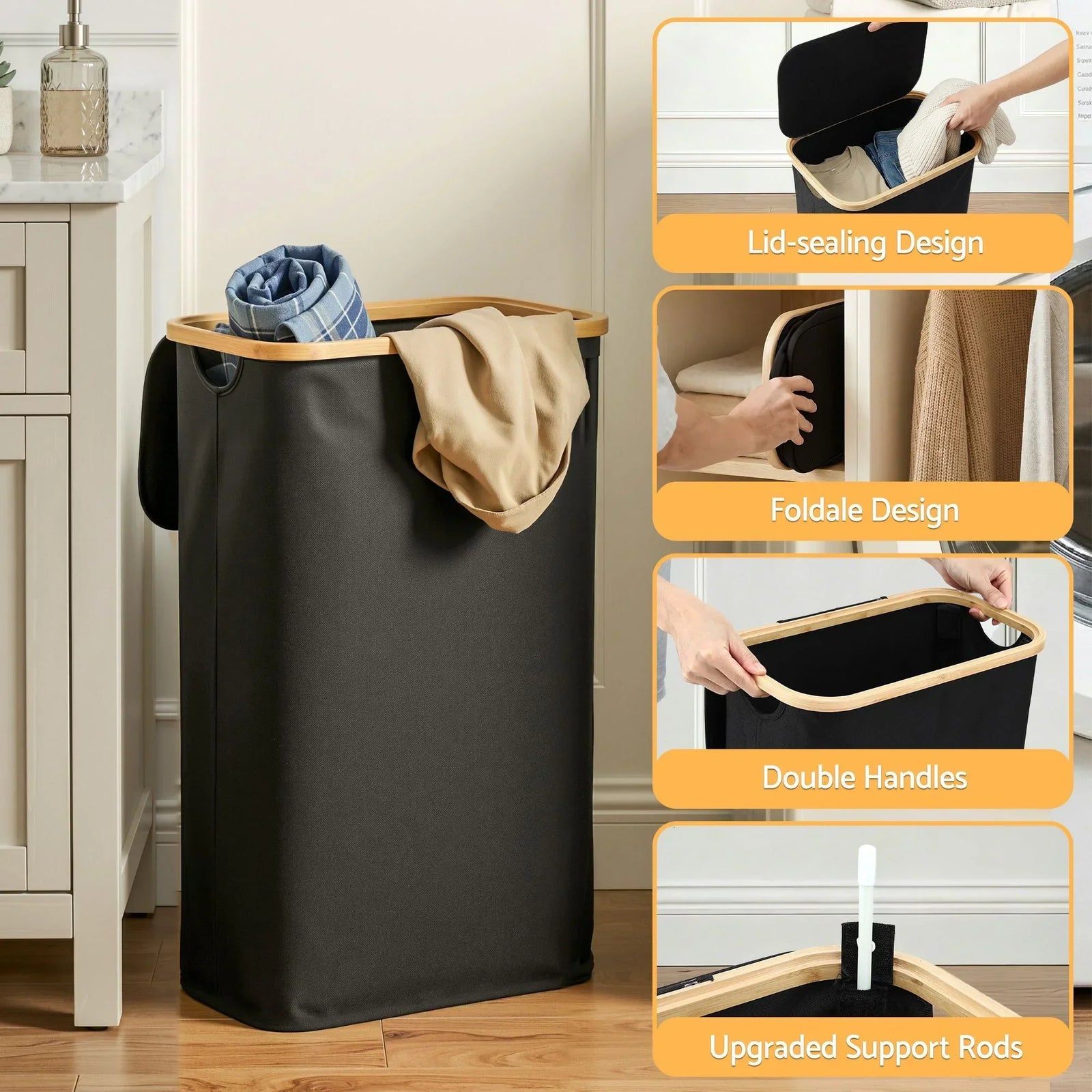 60L Laundry Basket – Bamboo Rim, Removable Mesh Bag, Foldable, Black