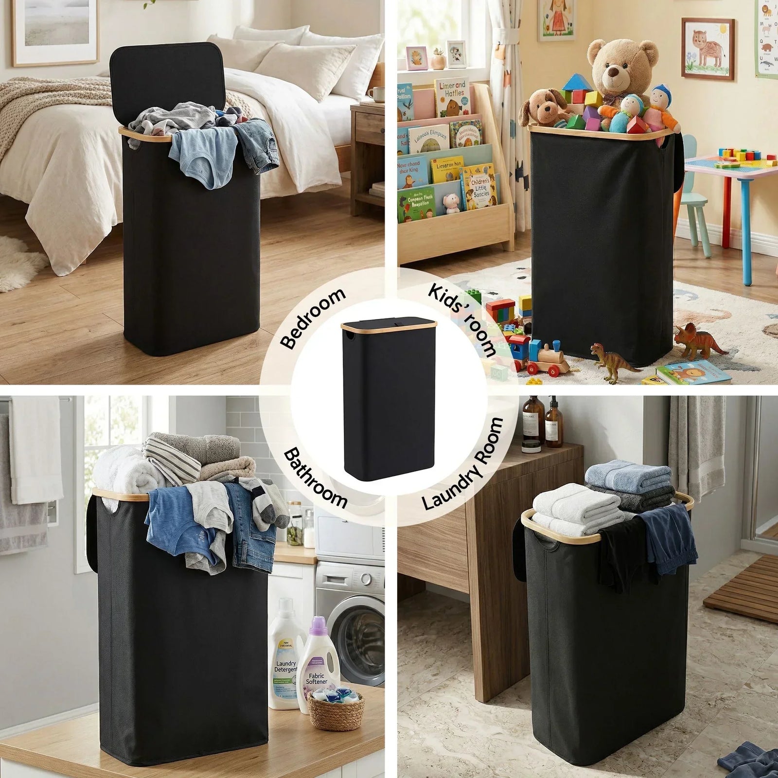 60L Laundry Basket – Bamboo Rim, Removable Mesh Bag, Foldable, Black