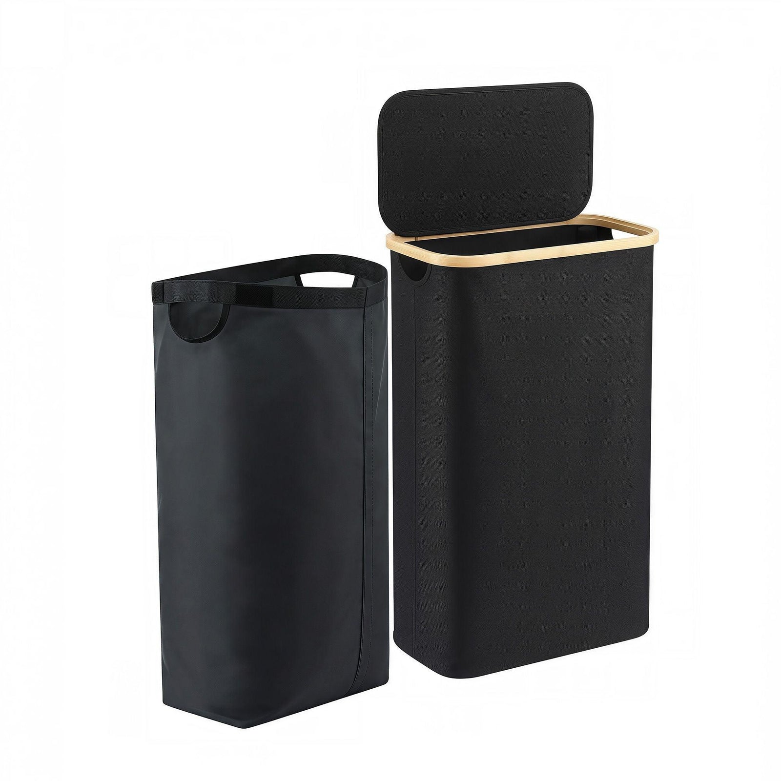 60L Laundry Basket – Bamboo Rim, Removable Mesh Bag, Foldable, Black