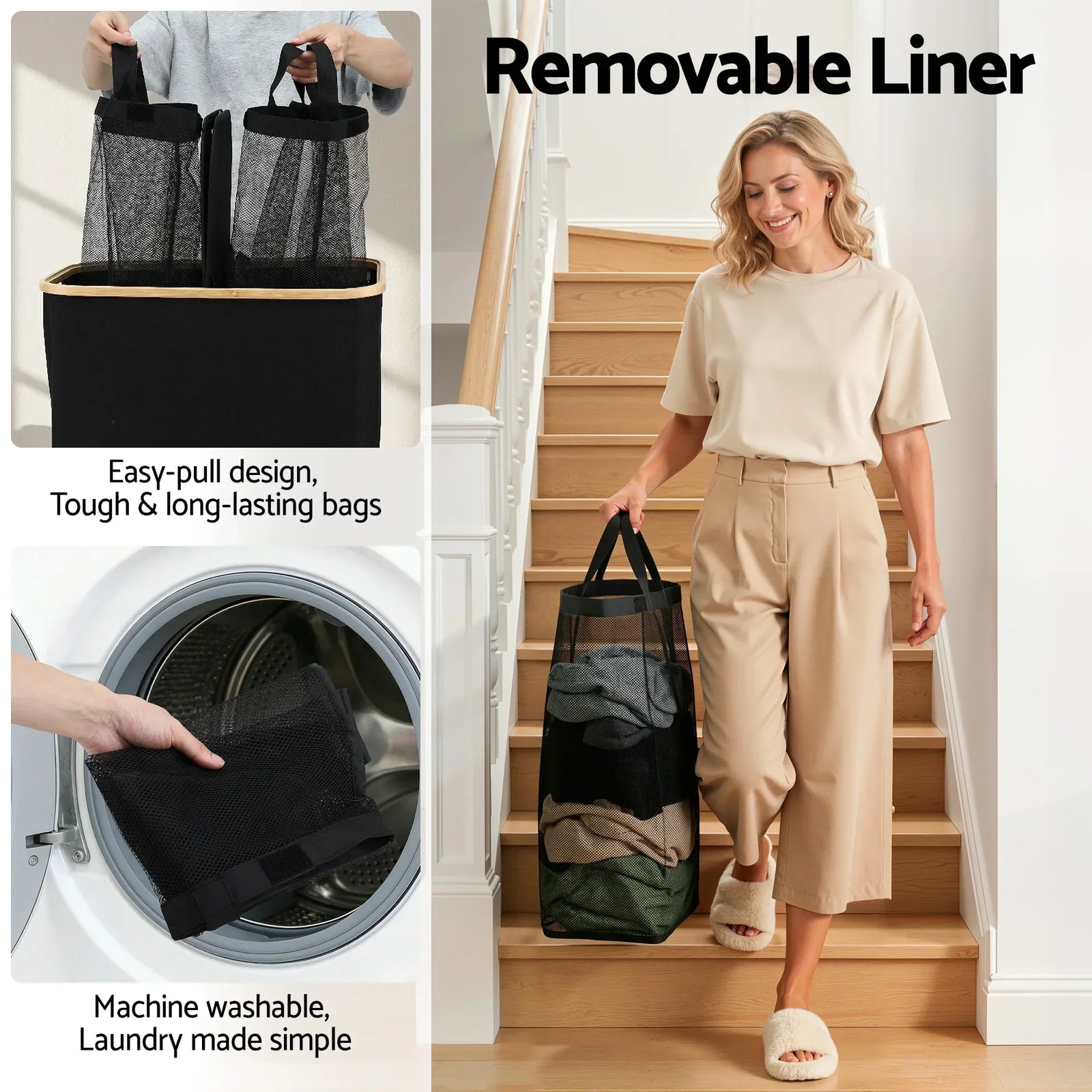 Artiss 2 Sections Laundry Basket with Removable Bags Foldable Black