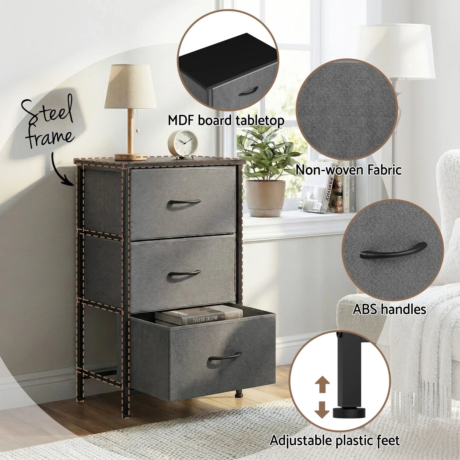 Artiss Set of 2 Chest of 3 Drawers Storage Dresser Tallboy Grey