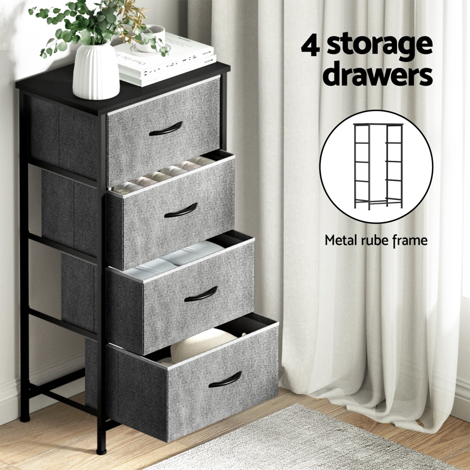 Artiss Set of 2 Chest of 4 Drawers Storage Dresser Tallboy Grey