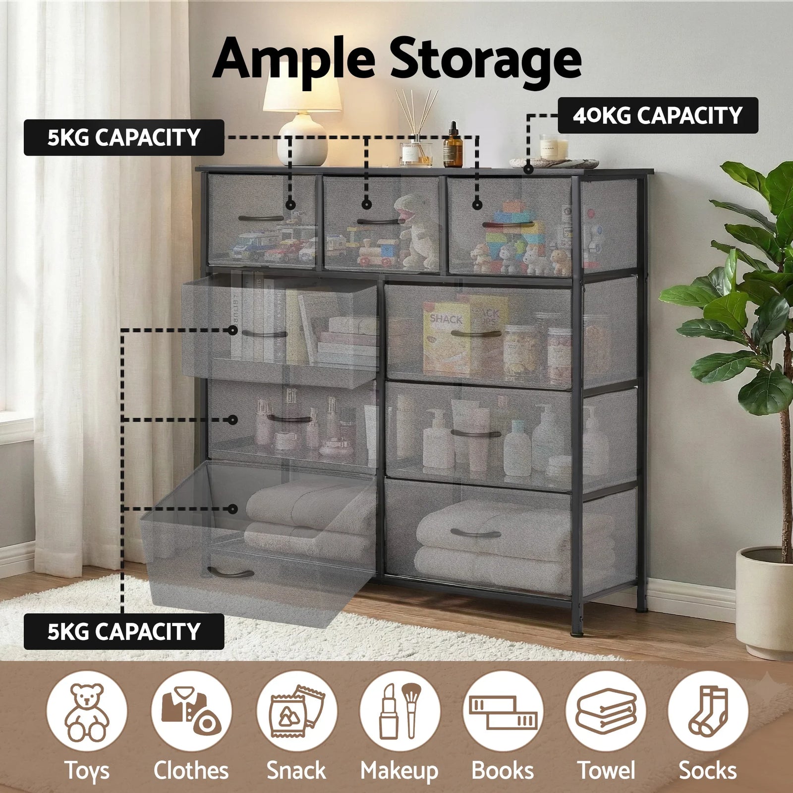 Chest of 9 Drawers Storage Dresser Tallboy Dark Grey